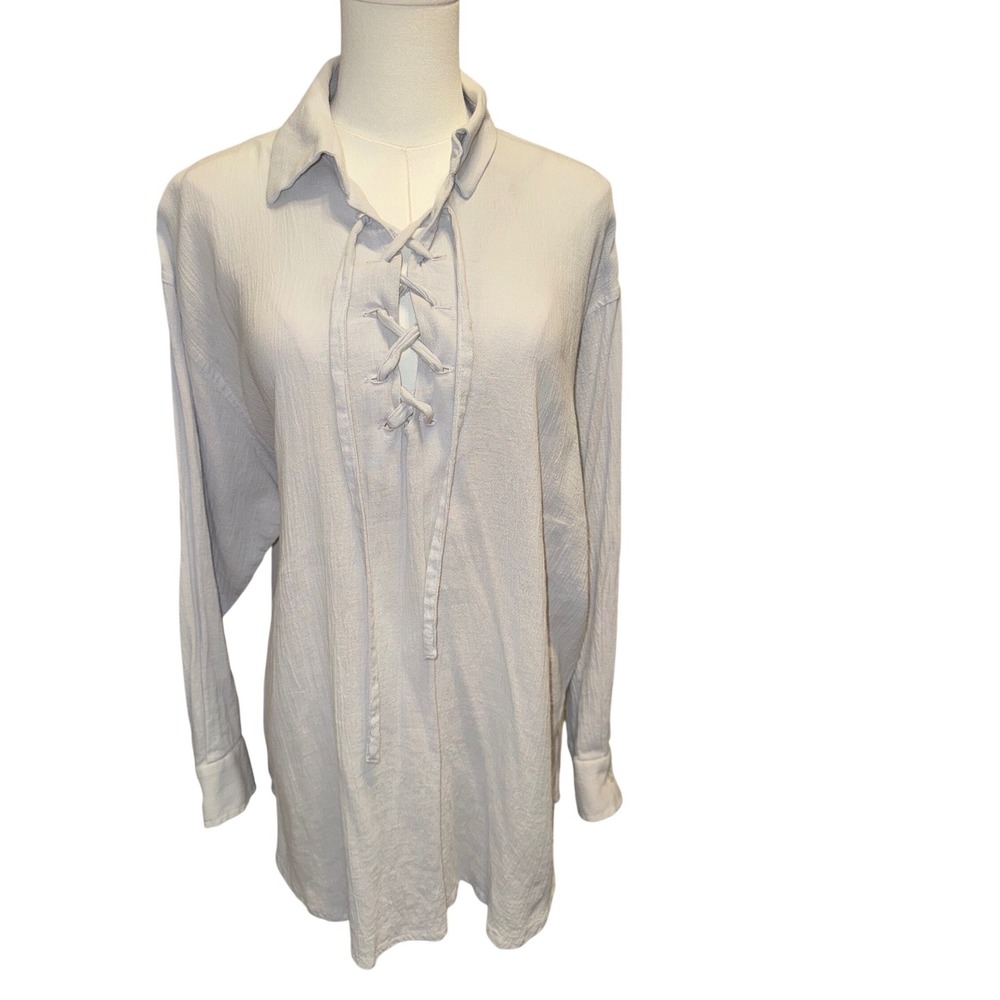 KOCH Lavender Grey Cotton Lace Up Front Tunic Top Long‎ Sleeve Womens Medium